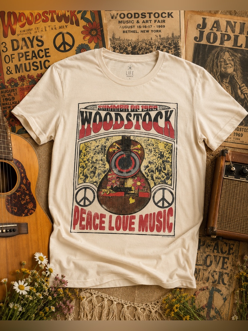 Woodstock Peace Love Music Graphic Tee Cream Hippie Festival Shirt Size Large